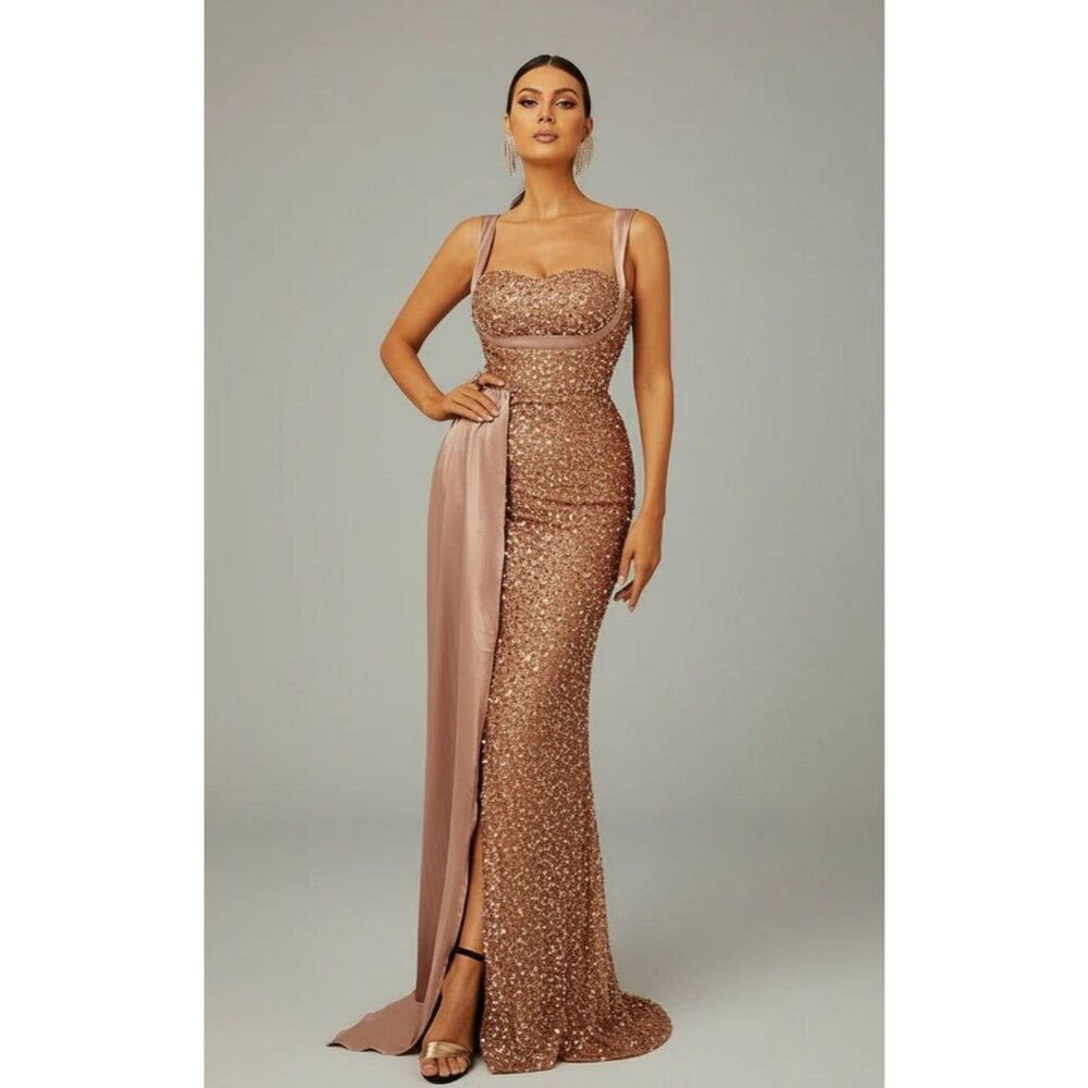 MissOrd Ribbon Corset Sequin Maxi Dress Women's Plus Size 4XL in Champagne NWT!